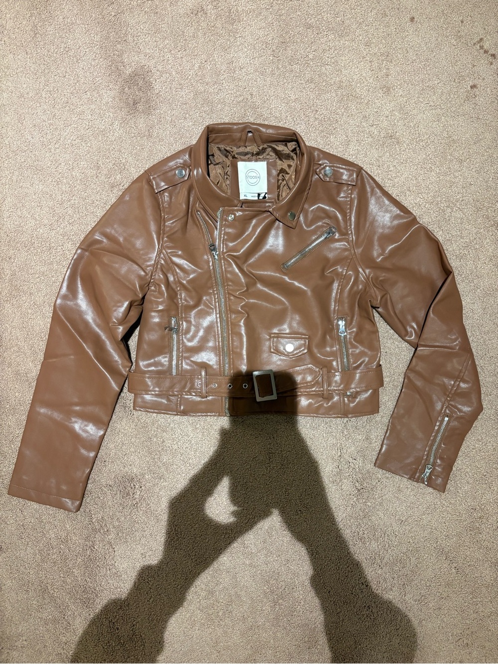 Stoosh Tan Faux Leather Moto Jacket with Belt size xl